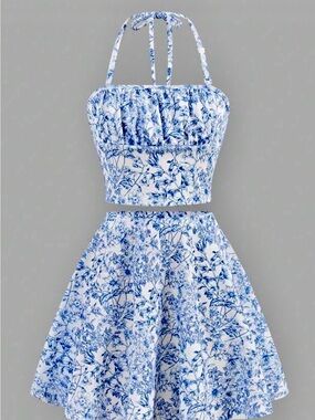 SHEIN White & Blue Floral Halter Crop Top and Skater Skirt Set